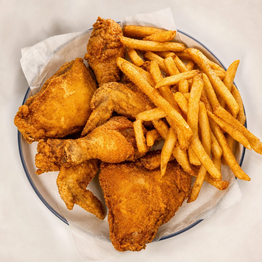 4 Pcs Mixed Legs, Thighs, & Wings (with Fries).