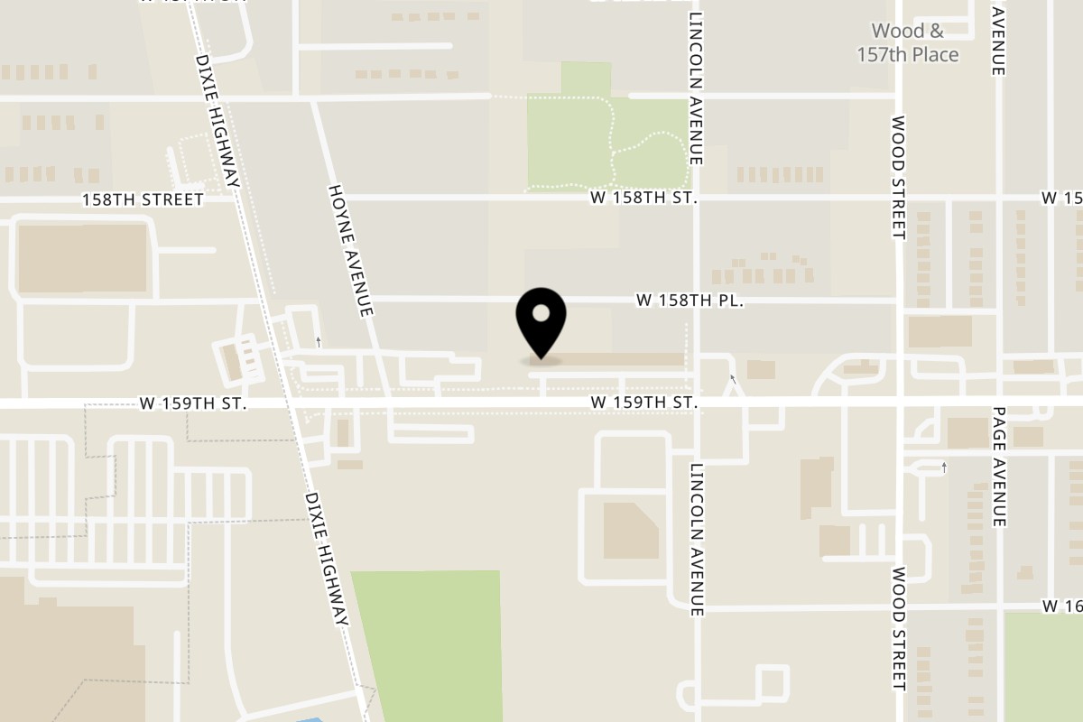 Map showing the location of Sharks Fish & Chicken Harvey on 159 W 159th St in Harvey